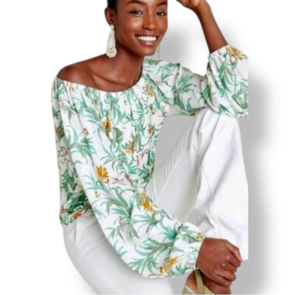 ANTHROPOLOGIE Cascais Green & White Tropical Floral Blouse Off Shoulder Top